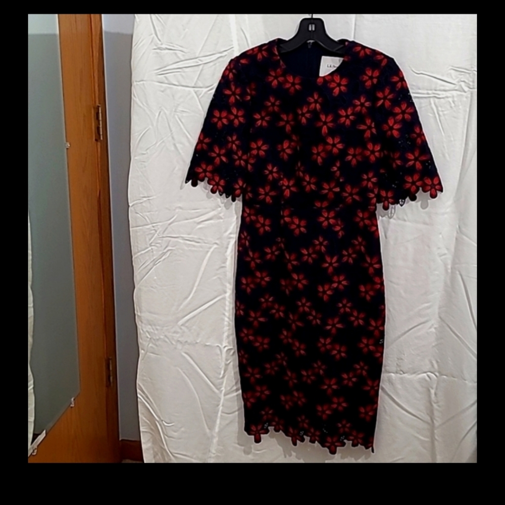 LK Bennett Luann Dress Navy and Red Floral Crochet Size US 2 UK 6